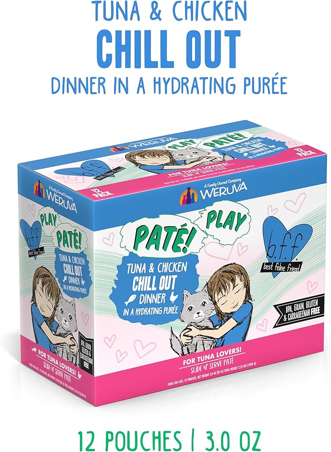 Weruva B.F.F. Play - Best Feline Friend Paté Lovers, Aw Yeah!, Tuna & Chicken Chill Out with Tuna & Chicken, 3oz Pouch (Pack of 12)