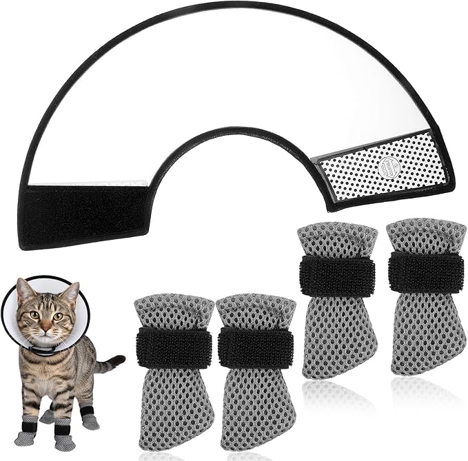 5 Pcs Cat Boots Anti Scratch Mittens Gloves with Elizabethan Collar Adjustable Cat Claw Protectors Covers Mesh Breathable Kitten Shoes Booties Anti Scratch Socks for Pet Bathing Cutting Nails