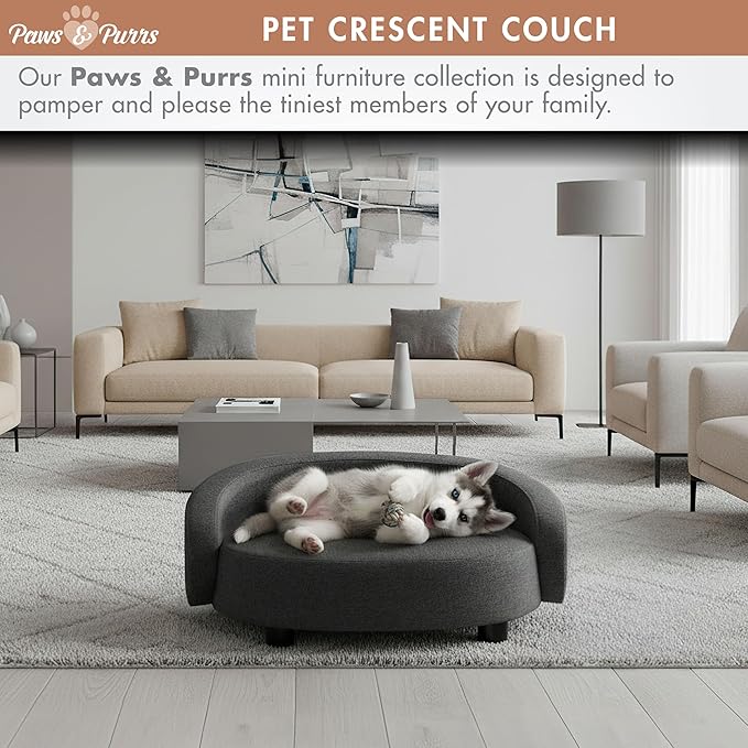 Paws & Purrs Arc Crescent Back Sofa Style Pet Bed, Dog & Cat Modern Couch with Tufted Cushion & Armrest, Stylish Indoor Pet Furniture, Dark Gray