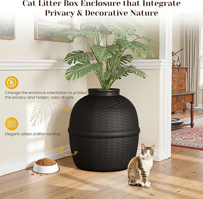 FansaFurn Large Cat Litter Box, Hidden Litter Box with Faux Plant, Heavy Duty Litterbox Enclosure Furniture with Rattan Pattern, PP Cat Box Enclosure Furniture for Living Room, Bedroom, Black