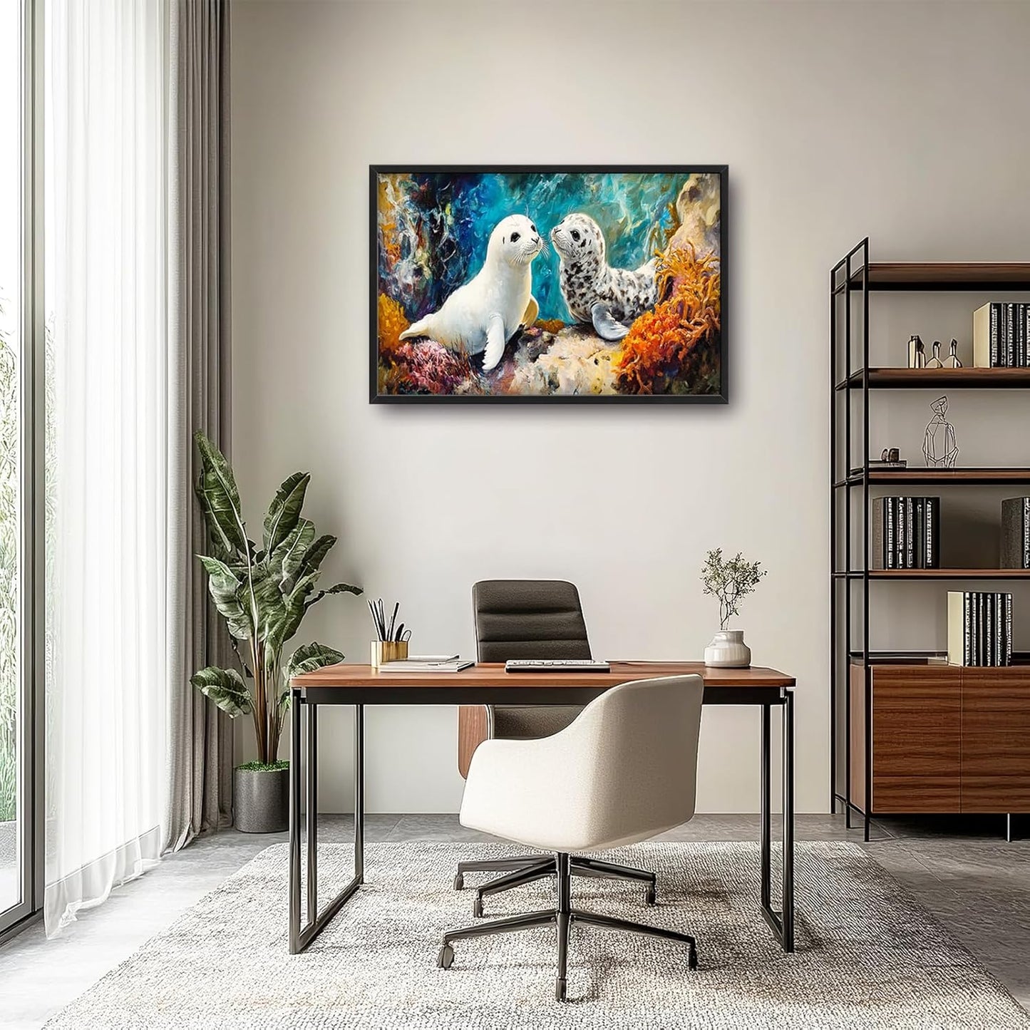 Extra Large Seal Framed Wall Art for Living Room,Oversized Underwater Animal Pictures Wall Decor,Ocean Coral Reef Canvas Print Painting Modern Artwork Bedroom Office Bathroom 36L" x 24W"