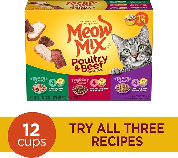 Meow Mix Tenders in Sauce Wet Cat Food, Poultry & Beef Variety Pack, 2.75 Ounce Cup (Pack of 48)