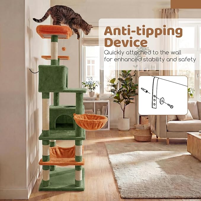 DORTALA Cat Tree for Indoor Cats, 66" Tall Cat Tower with 2 Condos, Sisal Scratching Posts, Plush Perch, Hammock, Dangling Balls, Multi-Level Pet Climbing Furniture Activity Center (Green+Orange)
