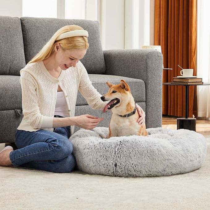 DUMOS 30.7x30.7 Inch Calming Donut Dog Beds for Large Dogs, Machine Washable Cuddler Warming Cozy Fluffy Faux Fur Plush Round Pet Bed, Anti-Slip Bed for Indoor Dogs and Cats, Grey