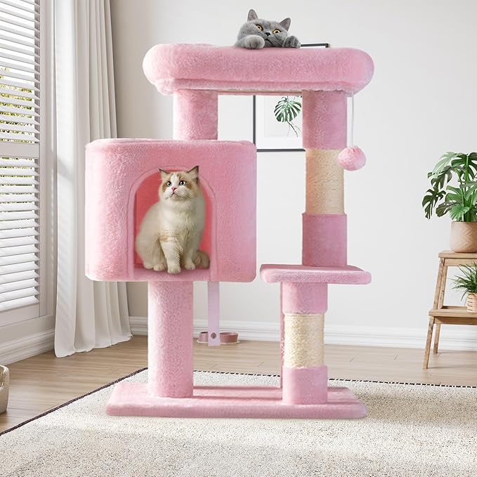 SHA CERLIN 29in Cat Tree for Indoor Cats, Multi-Level Cat Tower with Large Perch, Cozy Condo, Playful Toy Balls, Sisal Scratching Posts, Stable Pet Furniture Activity Center, Space-Saving, Pink