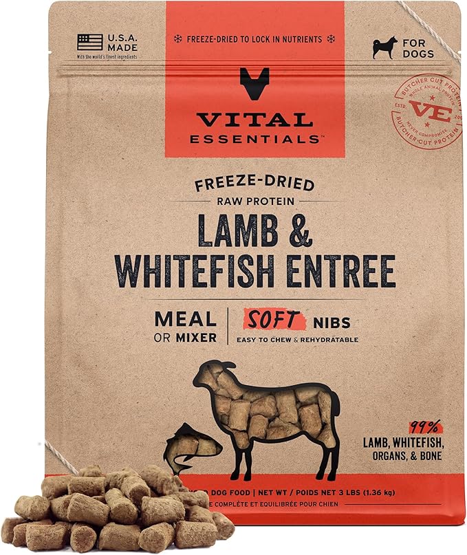 Vital Essentials Freeze Dried Dog Food, Raw Lamb & Whitefish Soft Nibs | Complete Meal or Topper | 99% Lamb, Whitefish, Organs & Bone | High Protein, Grain Free Dry Dog Food | 3 lb Bag