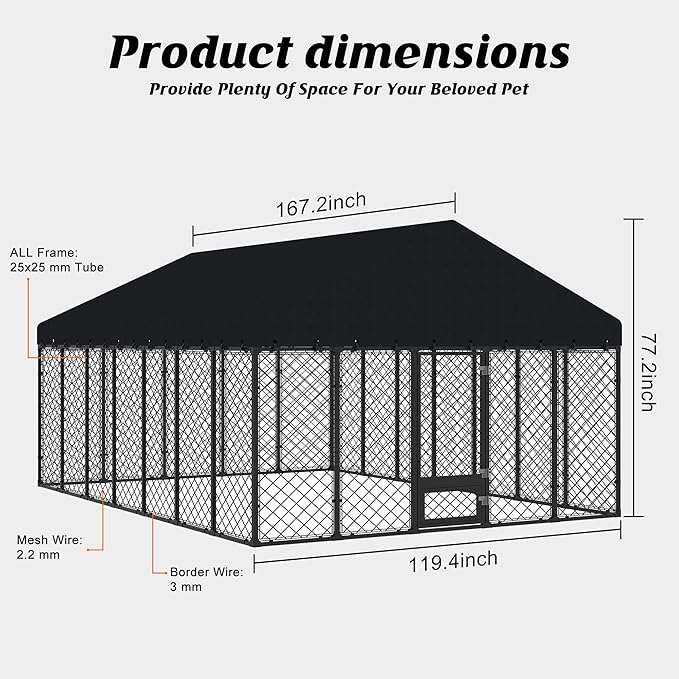 10x14FT Dog Kennel Outdoor with Roof - Heavy Duty Metal Fence Playpen for Large Dogs, Weatherproof Enclosure with Double Lock Gate & Feeding Swivel Door