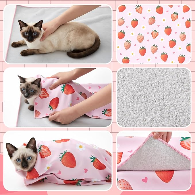 Chunful Cat Muzzle for Grooming, Cat Helmet and Wrap for Cutting Nails, M Size Adjustable Mask, 27.6" Anti-Escape Calming Swaddle Cloth, Bathing Shaving Anti-Scratch Pet Tools(Strawberry)