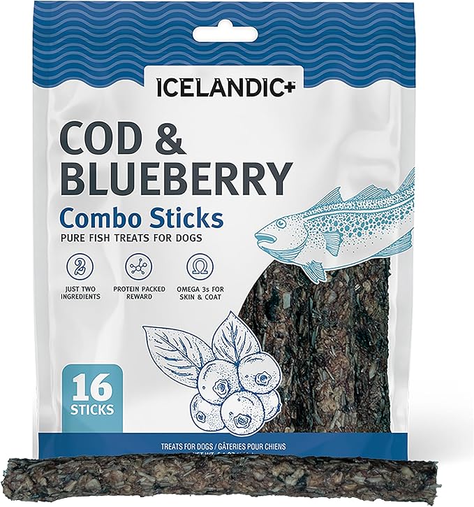 Icelandic+ Combo Sticks: Cod & Blueberry - 16ct, 5.1oz Bag - Dog Treats, 2 Ingredient Pet Snacks, Wild Caught Fish, Slow Baked, Crunchy Natural Chews
