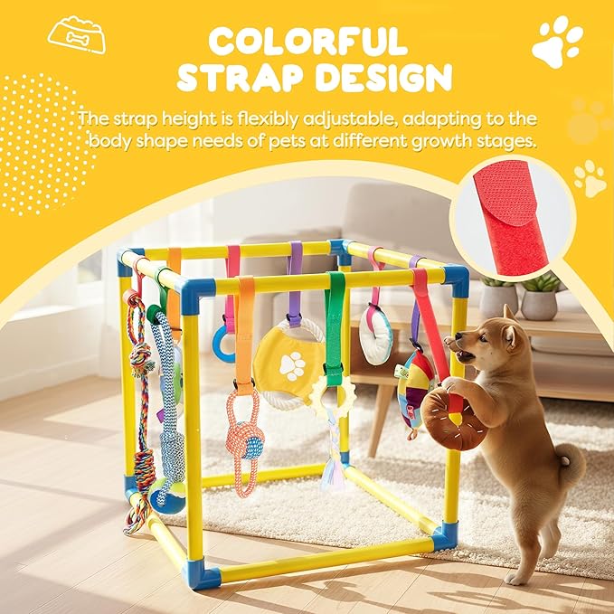 Puppy Play Gym with 10 Hanging Toys, 19.6" Dog Jungle Gym PVC Frame with 10 Interactive Enrichment Toys & Straps for Small Dogs Cats, Indoor Funny Puppy Gym Pet Supplies Essentials