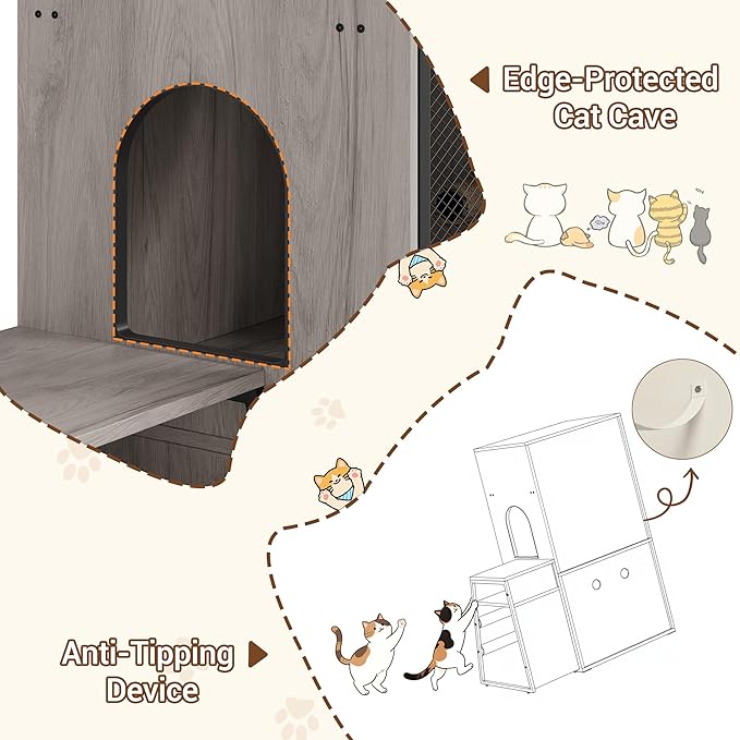 GarveeLife Cat Litter Box Enclosure with Doors, Double Cat House with Storage Space, Enclosed Litter Box Furniture with Ladder, Grey