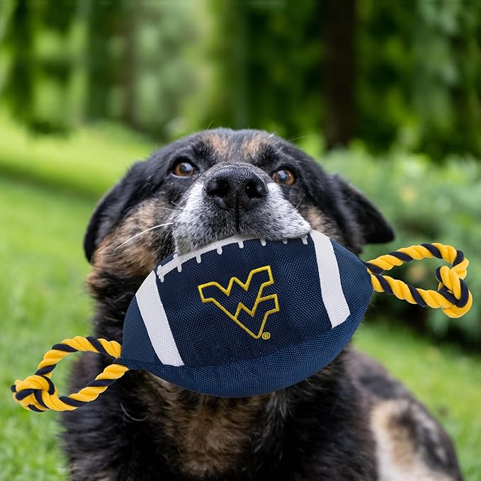 NCAA West Virginia Mountaineers Nylon Football Dog Toy, Tough Quality Nylon Materials, Strong Pull Ropes, Inner Squeaker, Collegiate Team Color