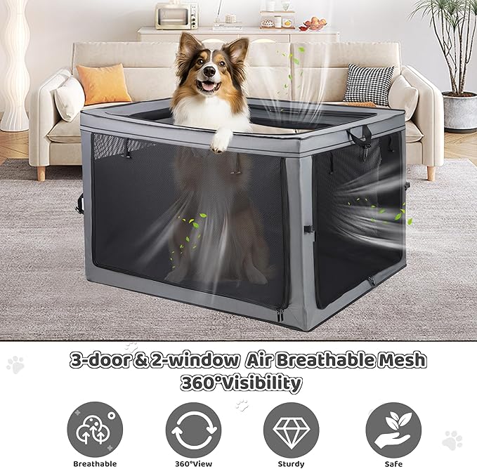 Portable Dog Crate Soft Dog Crate 22",30",36",42" Foldable Basic Dog Crates Easy Set-up, Light, Sturdy, Comfy，Collapsible Crate for Home and Travel (42Inch)