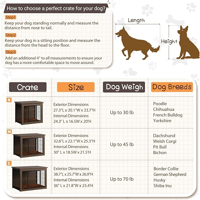 Dog Crate Furniture with Thick Cushion, Side End Table Wooden Dog Cage with Double Doors, Chew-Resistant Dog Kennel Dog House Indoor for Small to Large Dog