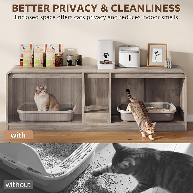 Cat Litter Box Enclosure with Litter Collector, 59'' Double Litter Box Enclosure for 2 Cats, Hidden Litter Box Furniture for Indoor Cats Large Adult, Cat House, Side Table, TV Stand, Grey
