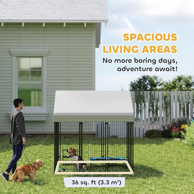 PawHut Outdoor Dog Kennel with Roof, 6' x 6' x 6' Heavy Duty Welded Wire Dog Playpen Enclosure with Escape-Proof Lock, UV-Resistant & Waterproof Cover, for Large Dogs, Chickens, Ducks, Silver