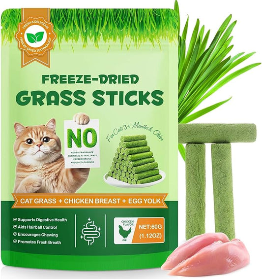 Freeze-Dried Cat Grass Sticks for Teething, High Meat Content Hairball Control & Dental Health Chews, Grain-Free Cat Treats with Chicken & Egg Yolk