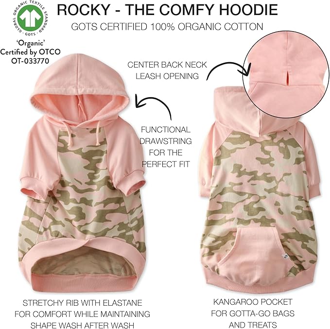 Pet Passion Rocky – The Original Lightweight Hooded Tee 100% Organic Cotton Dog Hoodie Pet Coat Sweater for All Sized Dogs, Pink Half Camo, X-Small (5-12 lbs)