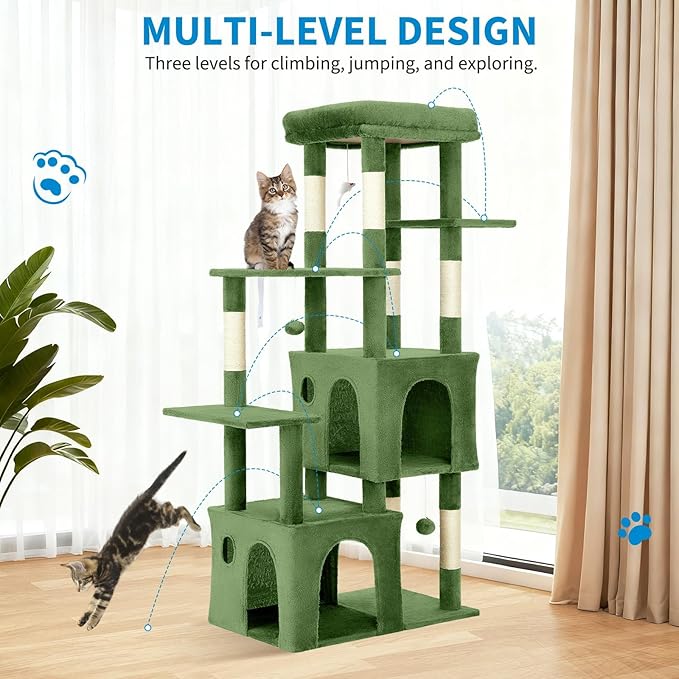 GarveeLife 61" Multi-Level Cat Tree for Indoor Cats, Heavy-Duty Tower for Large Adult & Maine Coon Cats with Oversized Perch, Dual Condos, Natural Sisal Scratching Posts & Play Toys – Green