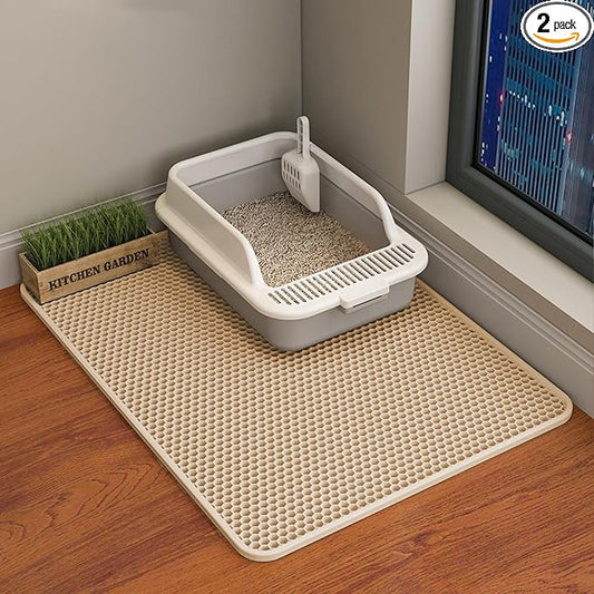 HCY&WLD 2-Pack Cat Litter Mat, Double Layer Honeycomb Waterproof Urine Proof Non-slip Litter Trapping Mat, Less Waste, Easy to Clean Cat Litter Box Mat, Kitty Indoor Supplies (Khaki, 30x22 Inches)