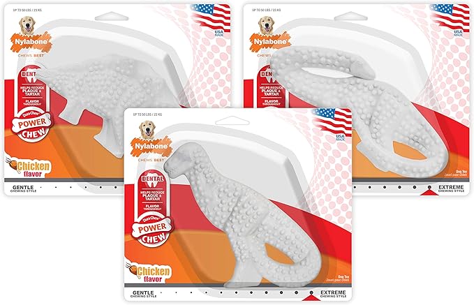 Nylabone Power Chew Dental Dinosaur - Dental Dog Toy for Aggressive Chewers - Large Dog Chew Toys for Teeth Cleaning - Durable Dog Toy for Large Breeds - Chicken Flavor, Large, Up to 50 Ibs. (1 Count)