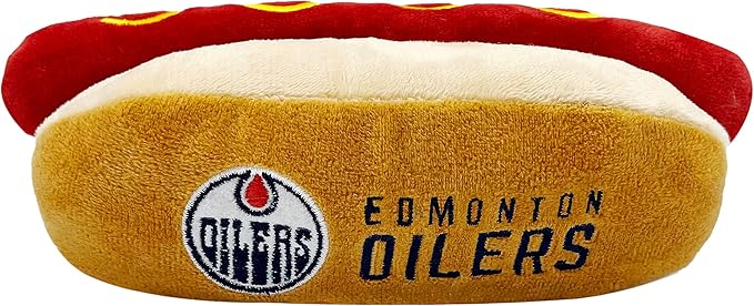 Pets First NHL Edmonton Oilers HOT Dog Plush Dog & CAT Squeak Toy - Cutest HOT-Dog Snack Plush Toy for Dogs & Cats with Inner Squeaker & Beautiful Hockey Team Name/Logo 8 x 5 x 3 Inches
