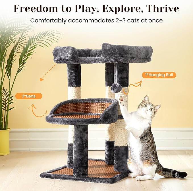 Fansafurn Multi-Level Cat Tree for Indoor Cats, Modern Cat Tower with Double Beds & Scratching Posts, 27 in Cute Cat Tree for Large Cats and Kitten, Small Cat Climbing Tower with Hanging Toys, Grey