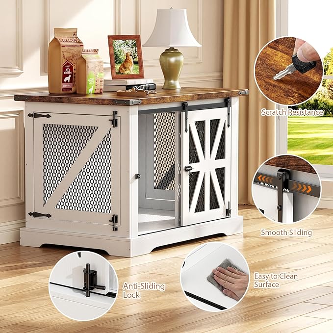 VOPEAK 40" Farmhouse Dog Crate Furniture, Heavy Duty Dog Crate for Medium Large Dogs, Wood Dog Cage Dog Kennel Indoor with Double Doors, Chew Resistant End Table for Bedroom Living Room, White
