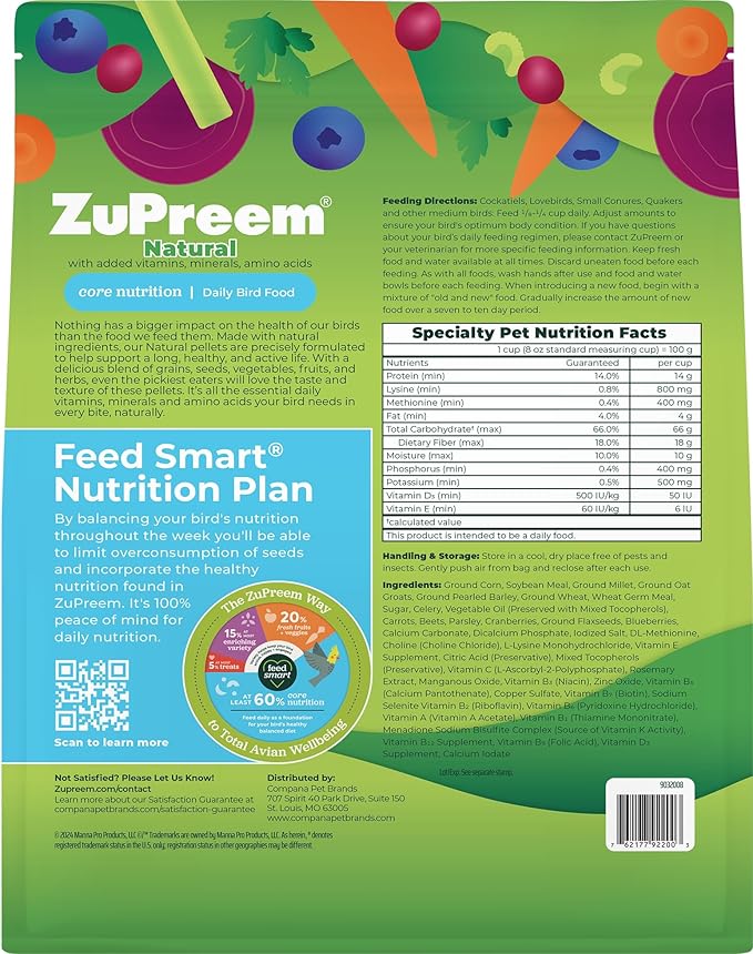 ZuPreem Natural Cockatiel Pellets - Natural Bird Food for Cockatiels, Medium Bird Pellet Diet for Quakers, Lovebirds, Small Conures, 2.5 lb (Pack of 2)