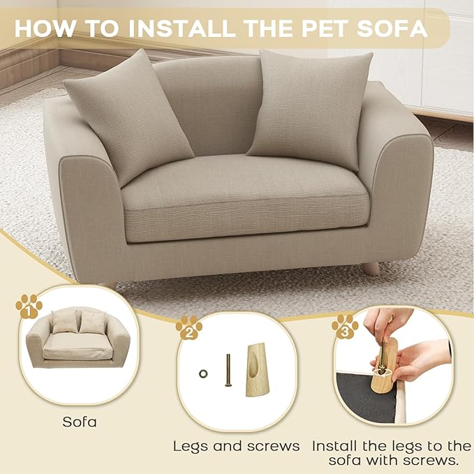 Dog Sofa Bed for Small Dogs, Supportive Foam Dog Couch with Washable Cushion and Anti-Skid Pads, Soft Pet Sofa for Cats, Modern Pet Couch with Low Back, Puppy Bed & Chair, Light Grey