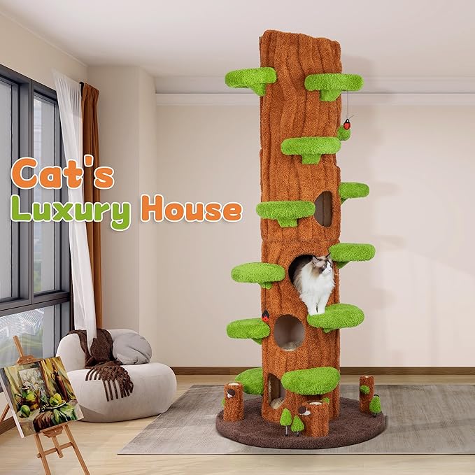 KAMABOKO 90.5" Tall Cat Tree for Indoor Cats, Large Cat Tower with Luxury Cat Condo, Cat Tree Tower with Soft Cushion, Scratching Board, Plush Platform＆ Top Perch, Green