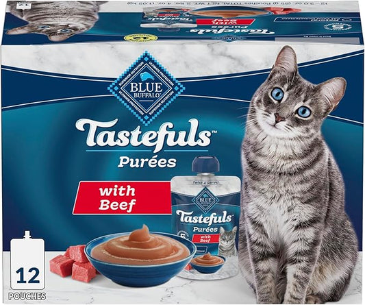 Blue Buffalo Tastefuls Purées Natural Adult Cat Food Complement with Just 5 Ingredients, Beef, 3-oz Resealable Pouch, 12-ct Multipack