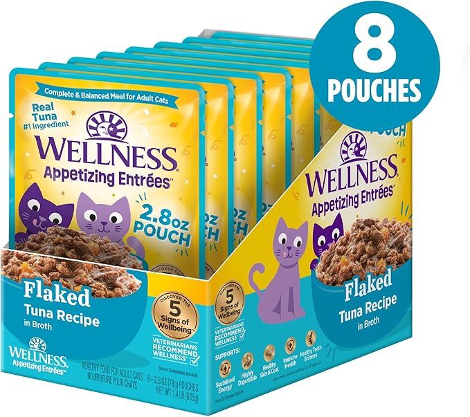 Wellness Appetizing Entrées Flaked Adult Wet Cat Food, Natural, Protein Rich, Grain Free, Tuna Recipe, 2.8 oz, Pack of 8 Pouches