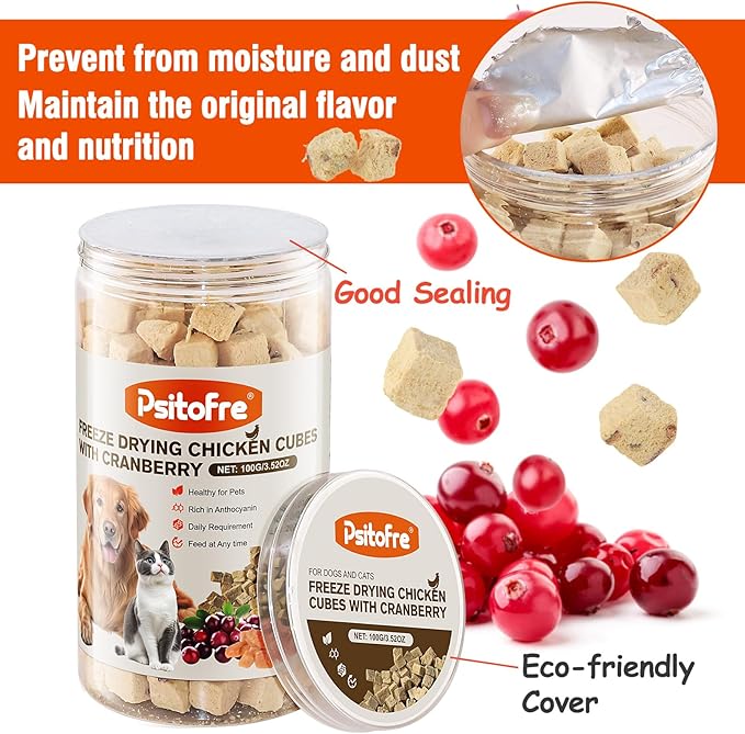 Freeze-Dried Chicken Cat Treats, Chicken Cube Snacks with Cranberry for Pets, Single Ingredient Chickens Dog Treat Bite-Sized Pieces