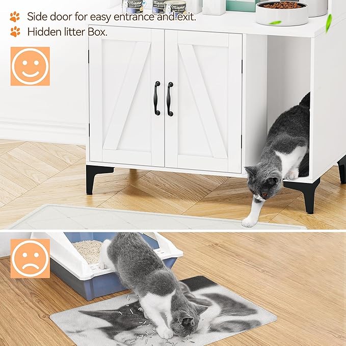 GarveeLife Cat Litter Box Enclosure with Shelves, Litter Box Cabinet, Hidden Cat Box Furniture with Scratching Mat, Wood Sturdy Cat Washroom Storage, Indoor Cat House, White
