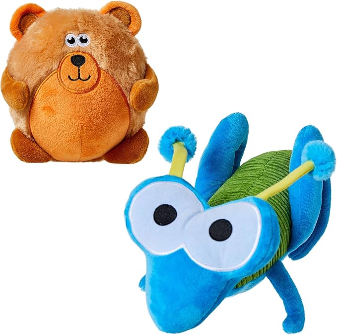 Blueberry Pet Pack of 2 Squeaky Plush Dog Toy 6" Bear and 12" Grasshopper Durable Interactive Chew Toy for Puppies and Small Dogs Teething