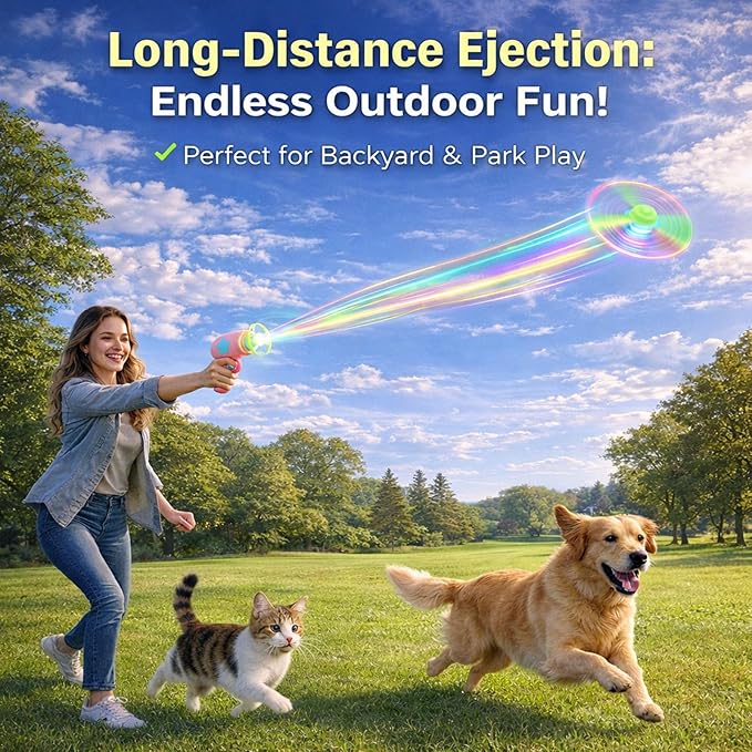 Bamboo Dragonfly Catapult Launcher, Flying Disk Launcher Toy,7 Piece Cat Fetch Toys,Interactive Flying Cat Toy for Pet Exercise & Night Play,with LED Glow (Dark Blue)