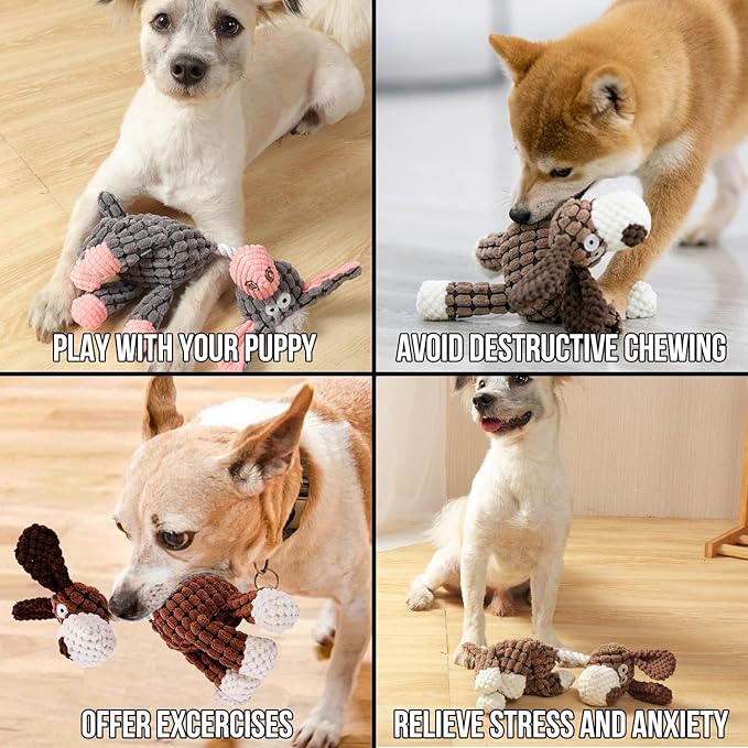 Pack 3 Squeaker Toys Rope, Cute Soft Durable Stuffed Animal Plush Dog Chew Toys, Squeak Toy for Teeth Cleaning, Small Dogs Cats Small Animal
