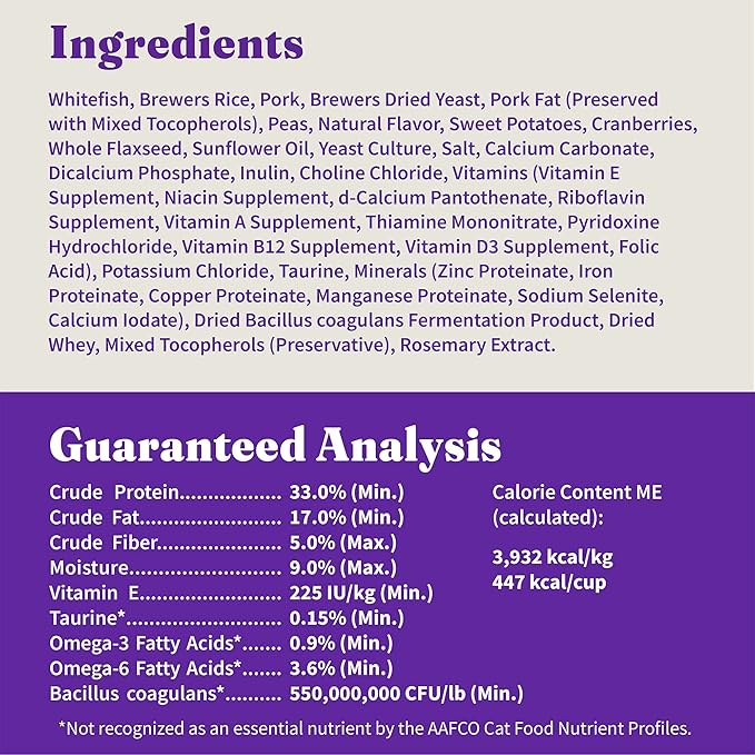 Halo Holistic Cat Food Wild Caught Whitefish Formula, Healthy Grains Dry Cat Food, For Sensitive Stomach Support, Kibble for Adult Cats, 10 lb Bag