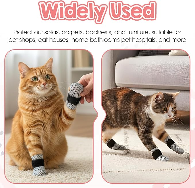 4 Pcs Cat Paw Socks, Anti-Slip Cat Claw Covers for Scratching & Prevent Licking, Soft Breathable Cotton Paw Protectors for Hardwood Floors & Hot Pavement (Small, Non-Slip Grips