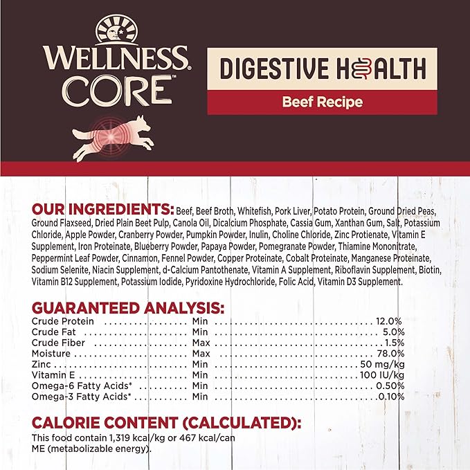 Wellness CORE Digestive Health Pate Variety Pack Adult Canned Wet Dog Food, Grain Free, Sensitive Stomach, Natural 13 oz, Pack of 6 Cans