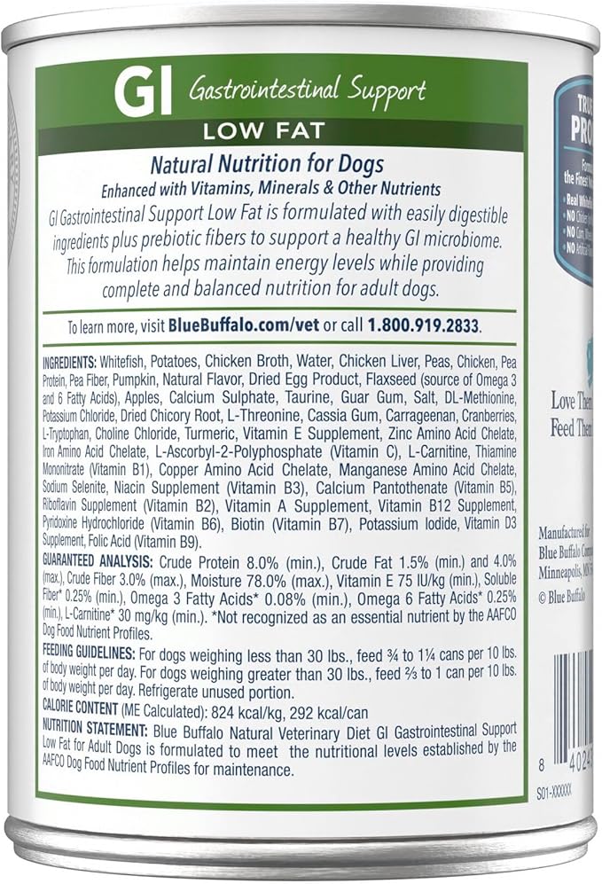 Blue Buffalo Natural Veterinary Diet GI Low Fat Gastrointestinal Support Wet Dog Food, Veterinarian's Prescription Required, Whitefish, 12.5-oz Can (Pack of 12)