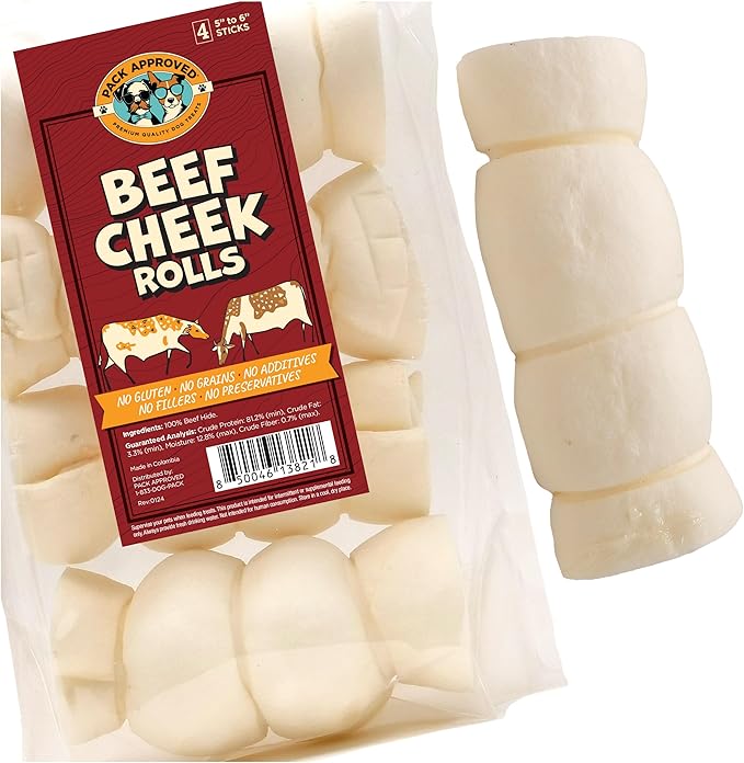 Pack Approved Beef Cheek Rolls for Dogs - Natural & Odor-Free Dog Treats - 5 to 6 Inch Medium Beef Hide Dog Chews - 4 Pack