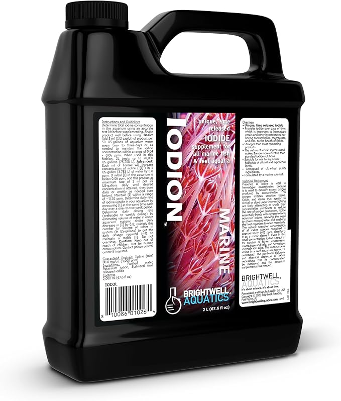 Brightwell Aquatics Iodion Iodide Supplement for Corals Clams Fish Macroalgae Enhances Polyp Extension Lighting Tolerance in Reef Marine Aquariums, 2L