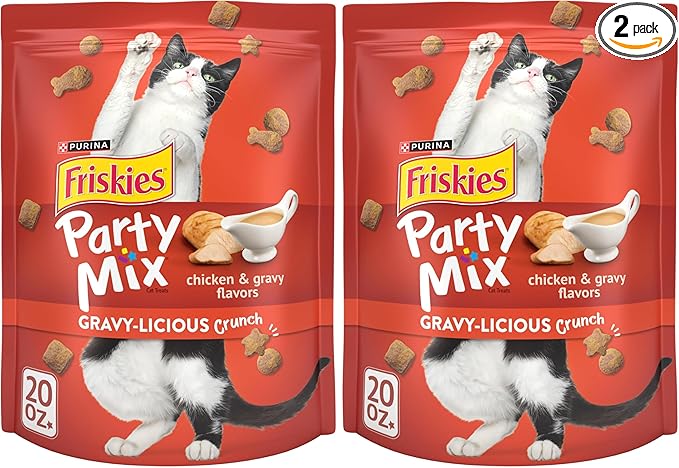 Friskies Purina Cat Treats, Party Mix Gravy-Licious Crunch Chicken and Gravy Flavors - 20 oz. Pouch (Pack of 2)