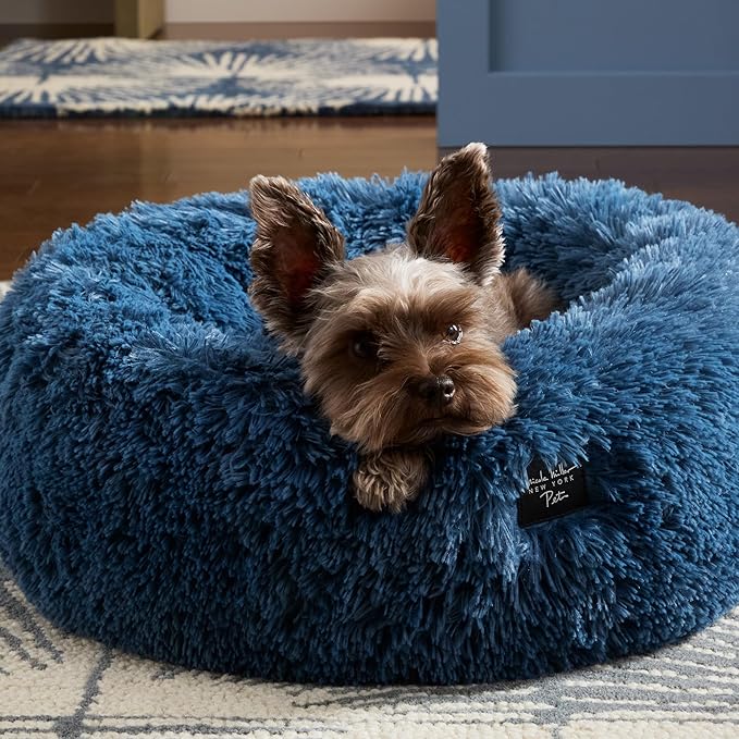 Nicole Miller NEW YORK PET Ellie Fuzzy Solid Donut Pet Bed, Plush, Cozy & Calming, Non-Slip Bottom, 100% Machine Washable, Blue, Small 24"x24"x7" Round