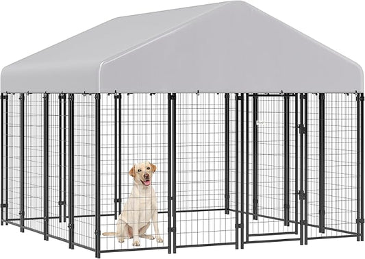 PawHut Outdoor Dog Kennel with Roof, 8' x 8' x 6' Heavy Duty Welded Wire Dog Playpen Enclosure with Escape-Proof Lock, UV-Resistant & Waterproof Cover, for Large Dogs, Chickens, Ducks, Silver