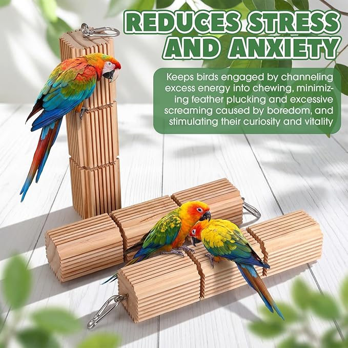 CroBlissful 3 Pcs Parrot Chew Toys Large Hanging Bird Toys for Parrot 9 Inch Natural Wooden Bird Foraging Toy Beak Grinding Blocks for Parakeet, Cockatiel, Conure, Lovebird, Macaws, African Grey