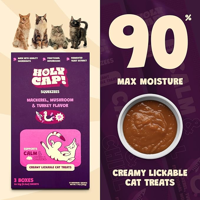 Calm & Chill Grain-Free Lickable Cat Treats, 15 Squeezable Purée Tubes (0.5 oz Each), Mackerel & Turkey Flavor, Creamy Cat Purée with Clean Ingredients, Hand-Fed Treat or Meal Topper