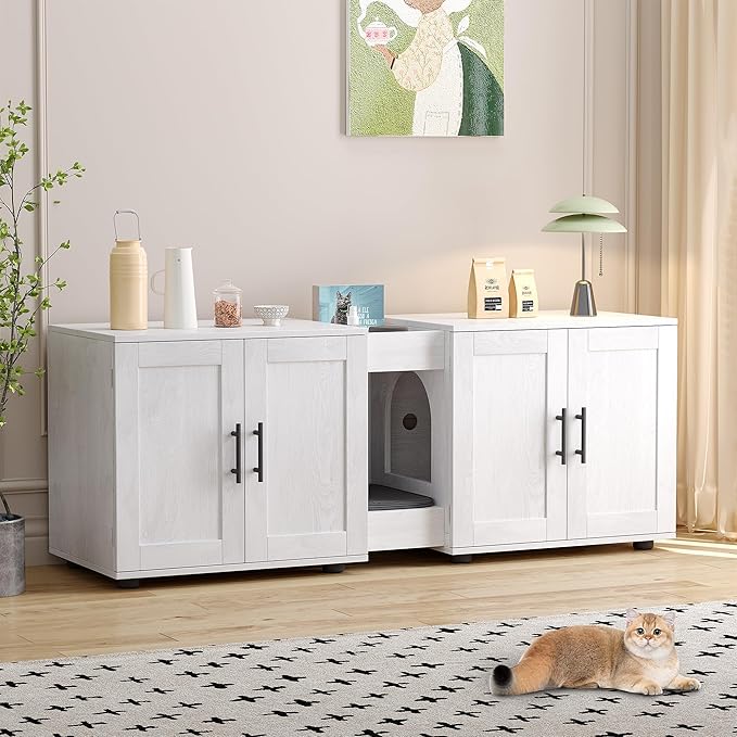 Cat Litter Box Enclosure for 2 Cats,55" Large Hidden Litter Box Furniture with Barn Door & Double Rooms,Modern Indoor Pet House TV Stand Side Table,Cats Washroom,for Bedroom Living Room,White
